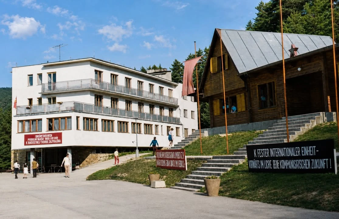 Archívny pohľad na budovy s označením Hotel Partizán